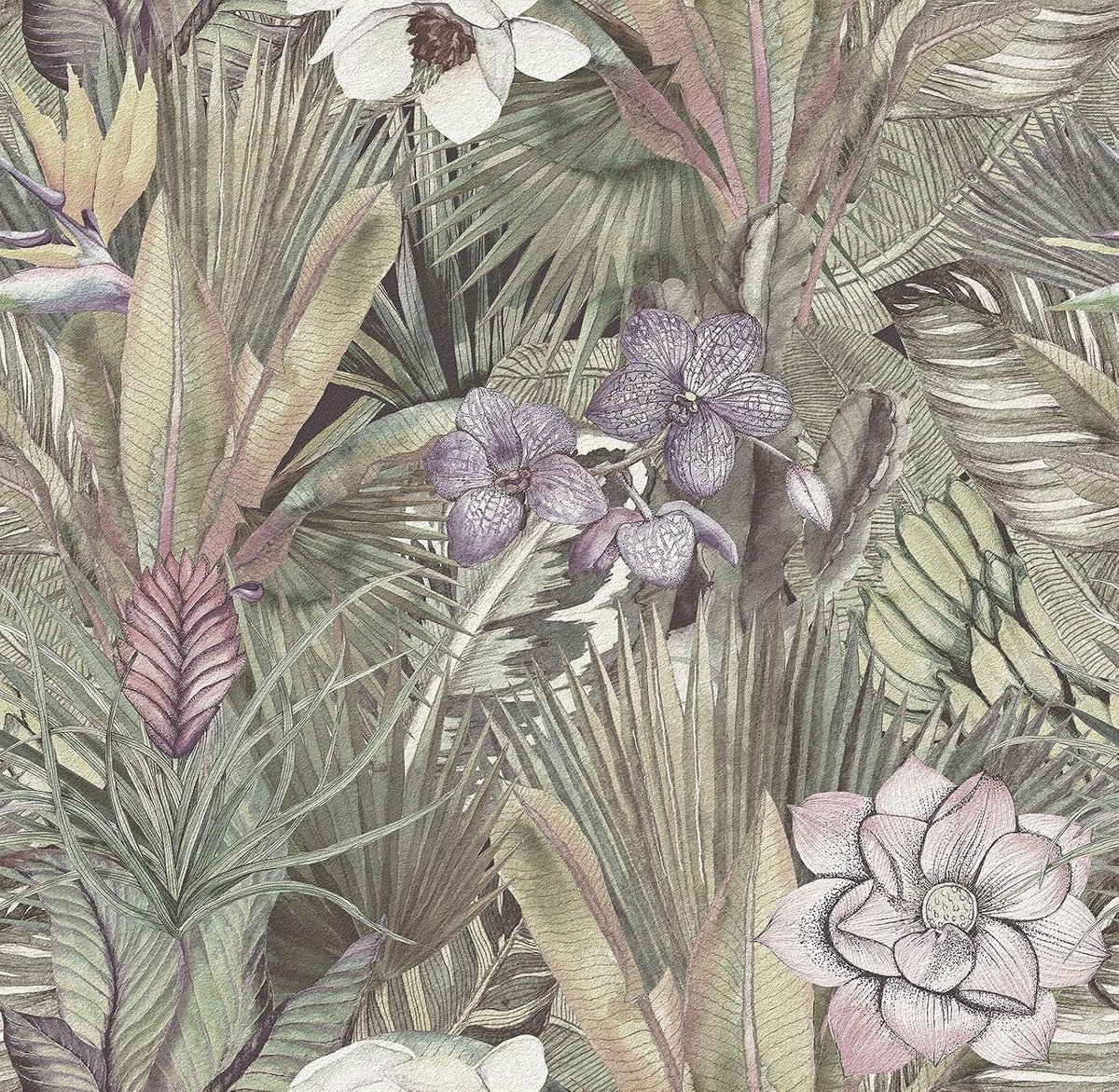 Tropische Lotus en Palmblad Behang voor Slaapkamer en Keuken | Zelfklevend Vinyl met Bloemenprint | Vintage Interieurdecoratie