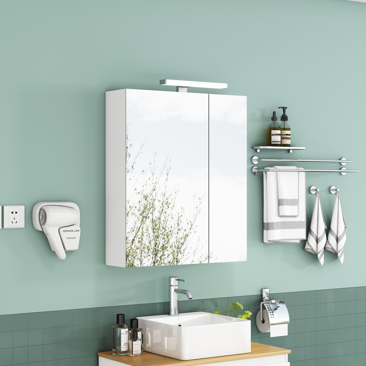 REDOM - 60cm asymmetrische spiegelkast - wandmontage, LED-verlichting, Franse stekker, verstellbare glasbodem, dempingscharnieren