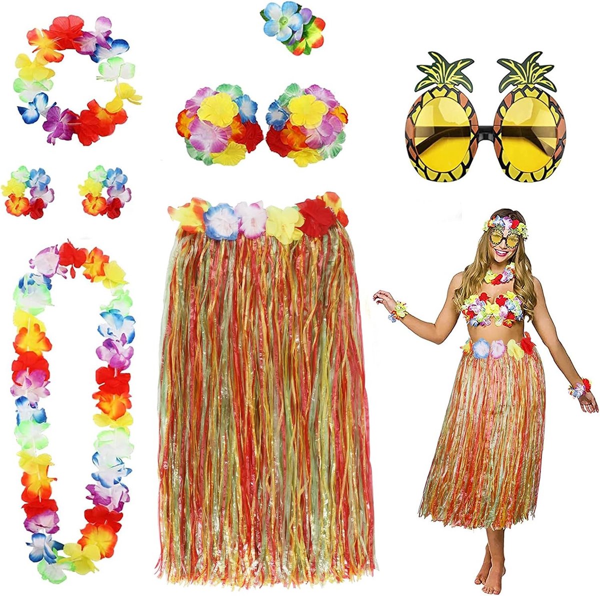 8-delige Hula Rok Kostuum Accessoire Set voor Hawaii Luau Feest - Dansende Hula met Bloemen Bikini Top, Hibiscus Haarclip en Ananas Zonnebril voor Vrouwen