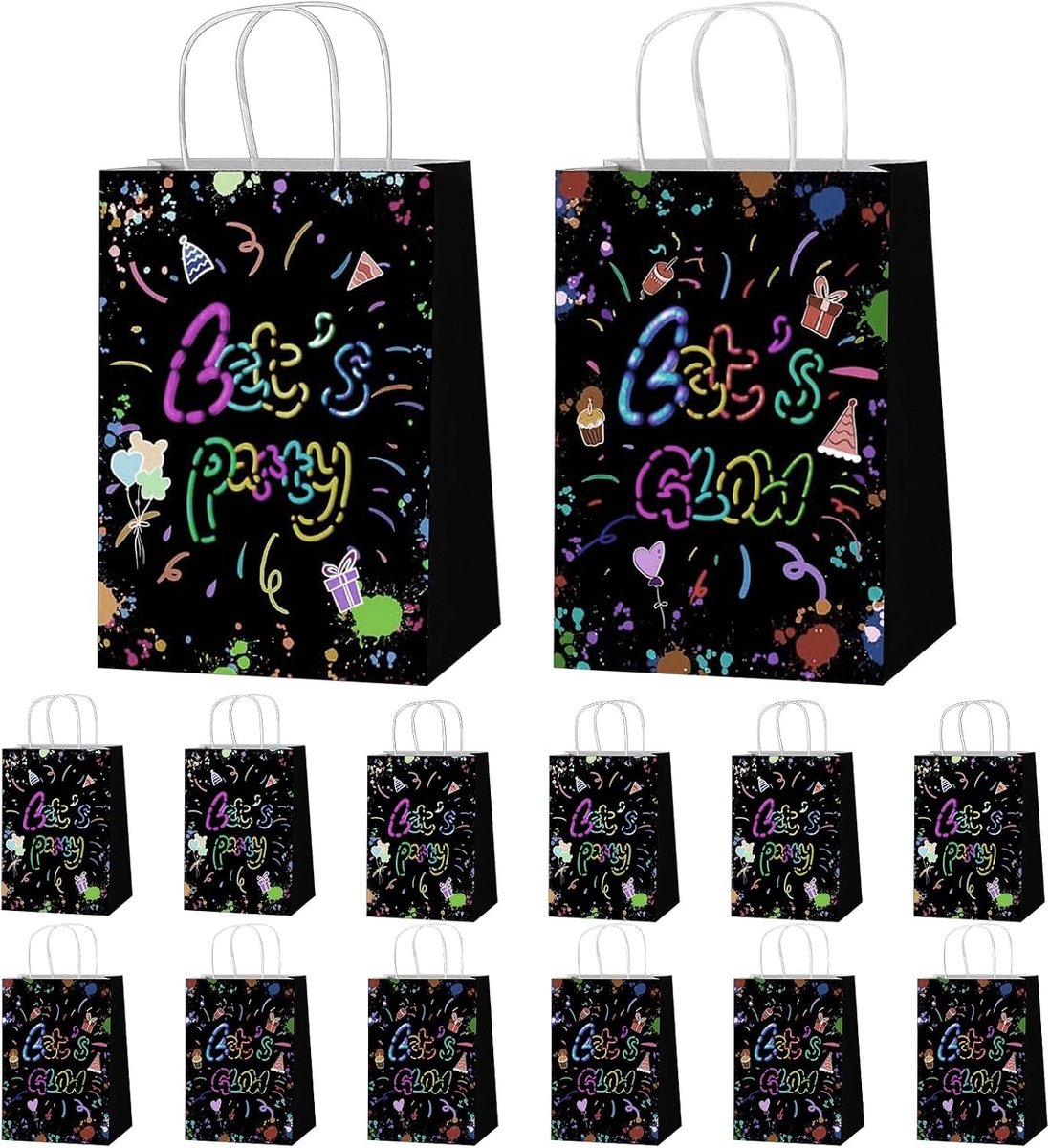 12 Stuks Neon Feesttassen, Glow in the Dark Papieren Tassen met Handvat, Gekleurde Snoepzakken voor Kinderfeestjes en Disco Decoraties