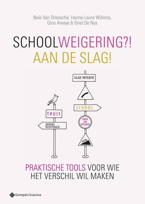 Boekomslag Schoolweigering?! Aan de slag! met illustraties van verkeersborden en een vogeltje op een paal.