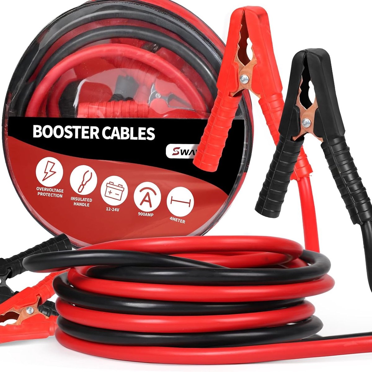 Startkabel 4 m 900 A voor Benzine en Diesel Motoren 12/24 V voor Auto's en Vrachtwagens, Koper-Coated Aluminium Kabels, Accukabels voor Noodstart