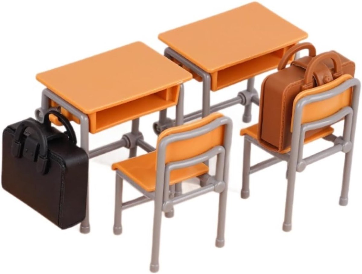 Miniatuur Klaslokaal Set met 6 Stuks: Schooltafels, Stoelen en Rugtassen voor Decoratie en Speelgoed