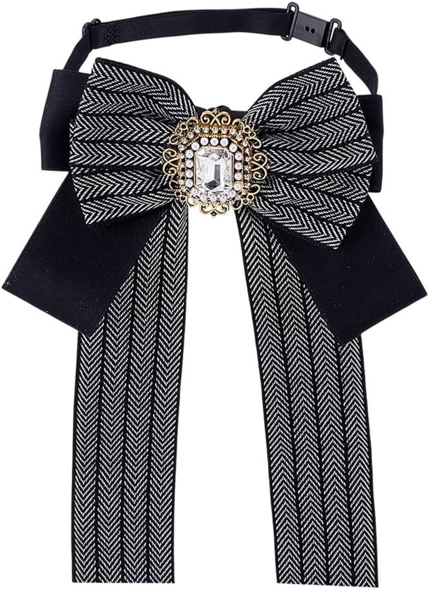 Zwarte Gestreepte Strik met Verstelbare Rhinestone en Afneembare Riem voor Dames - Mode Accessoire voor School, Cosplay en Kantooroutfits