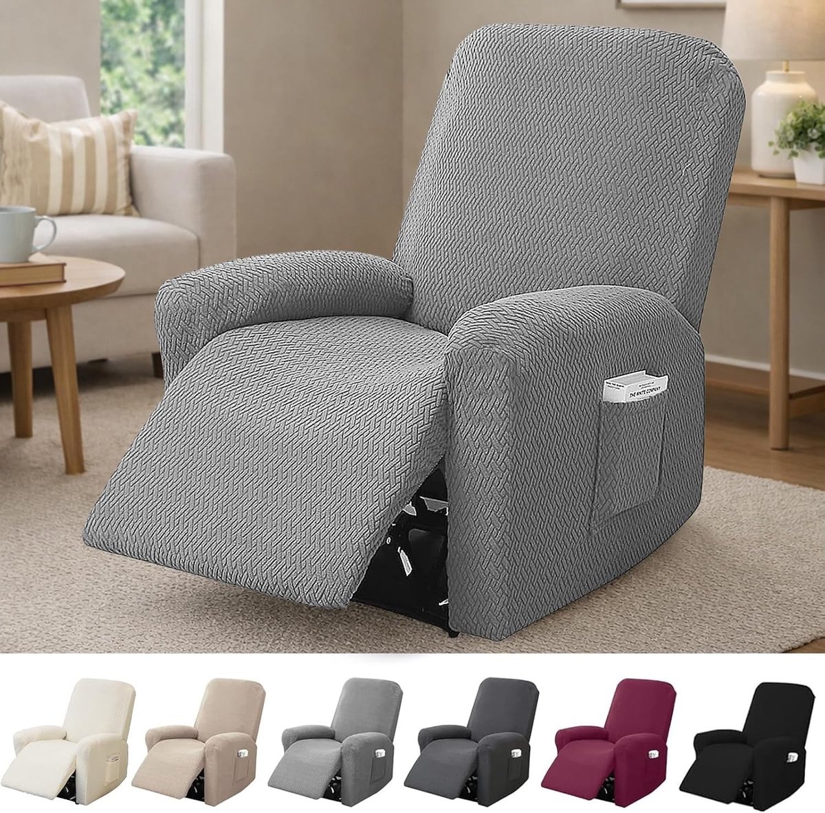 Elastische Armstoelhoes met Zakjes, Compleet Gestreepte Jacquard Beschermhoes voor TV- en Relaxstoelen - Lichtgrijs, 4-delige Set voor Stoelbescherming en Interieurdecoratie