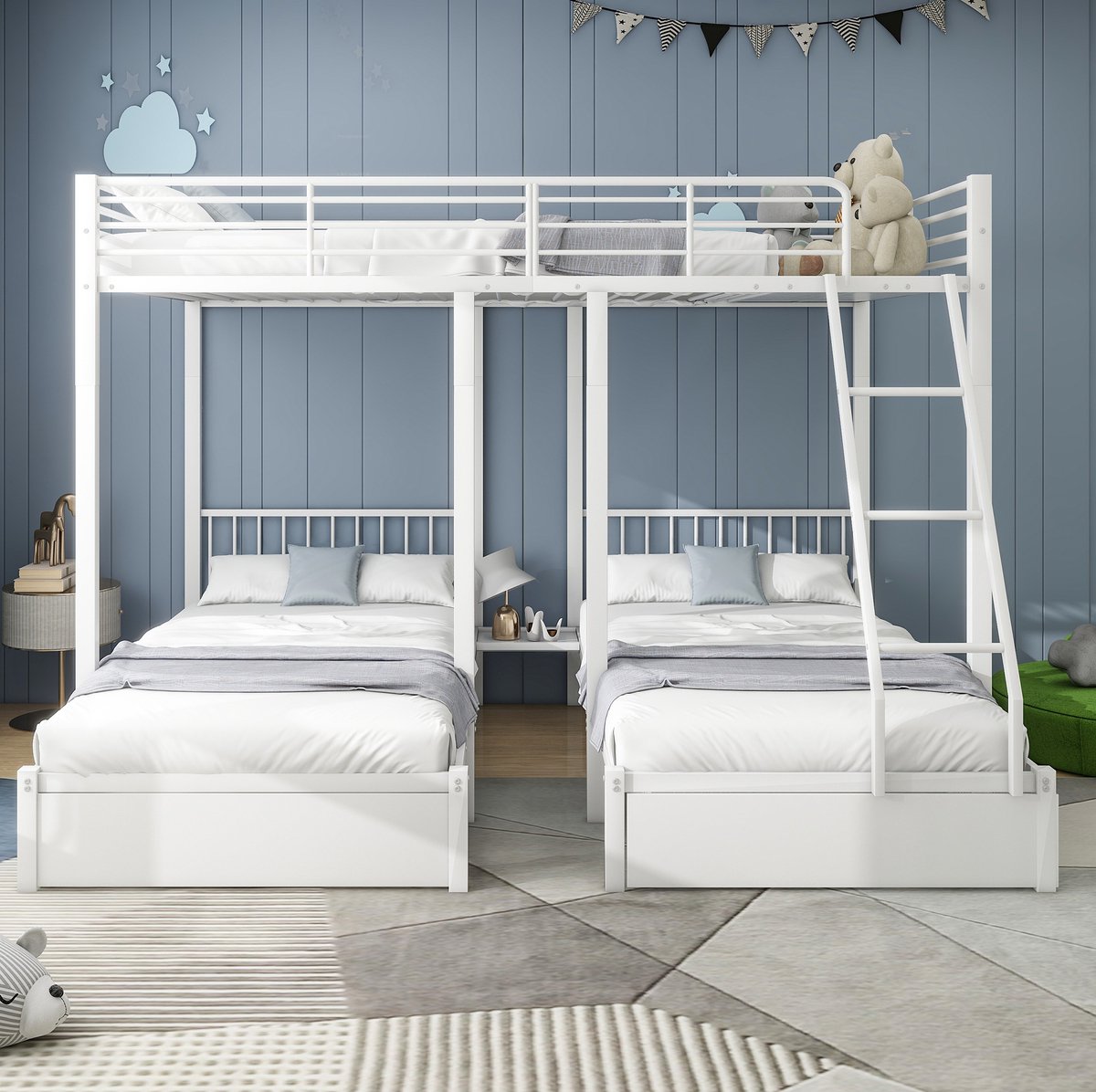 COVREO Stapelbed met 2 lades en ladder – 246x206x177,8 cm – Metalen bedframe voor 3 personen – 140x200 + 2x90x200 – Wit - zonder matras