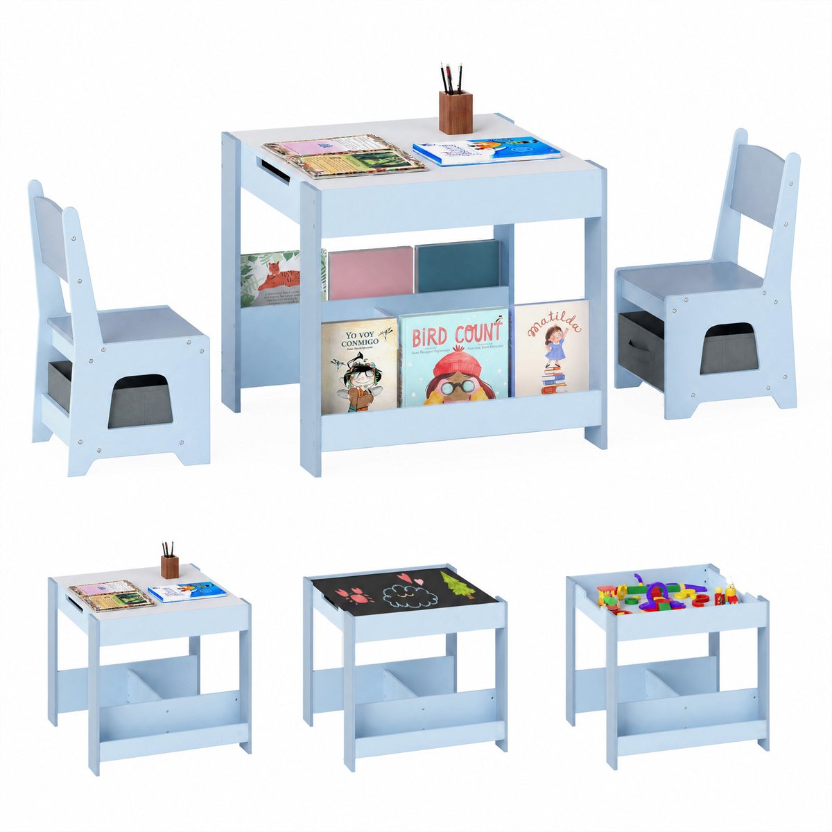 COSTWAY Kindertafel met 2 stoelen, 3-delige kinderzitgroep van hout met omkeerbaar tafelblad, boekenplanken en opbergdozen, 4-in-1 schildertafel voor kinderen vanaf 3 jaar (blauw)