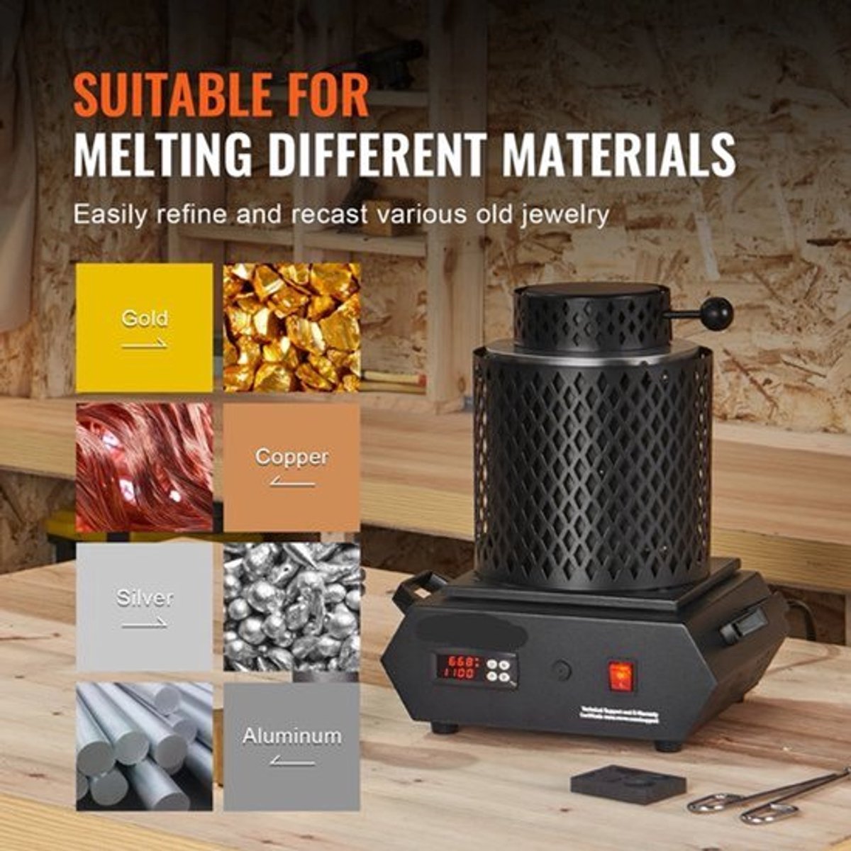 Vevor - Goud smeltoven - Elektrische Smeltoven - 1350W - 2102℉ - Thermoregulatie - Oven Metalen - Tin - zilver - Goud Smelten - Soldeerpot - Zwart