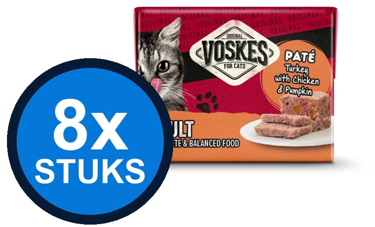 8x Voskes Original Paté Adult Kalkoen Kip & Pompoen Multipack 8x95g - Kattenvoer Nat