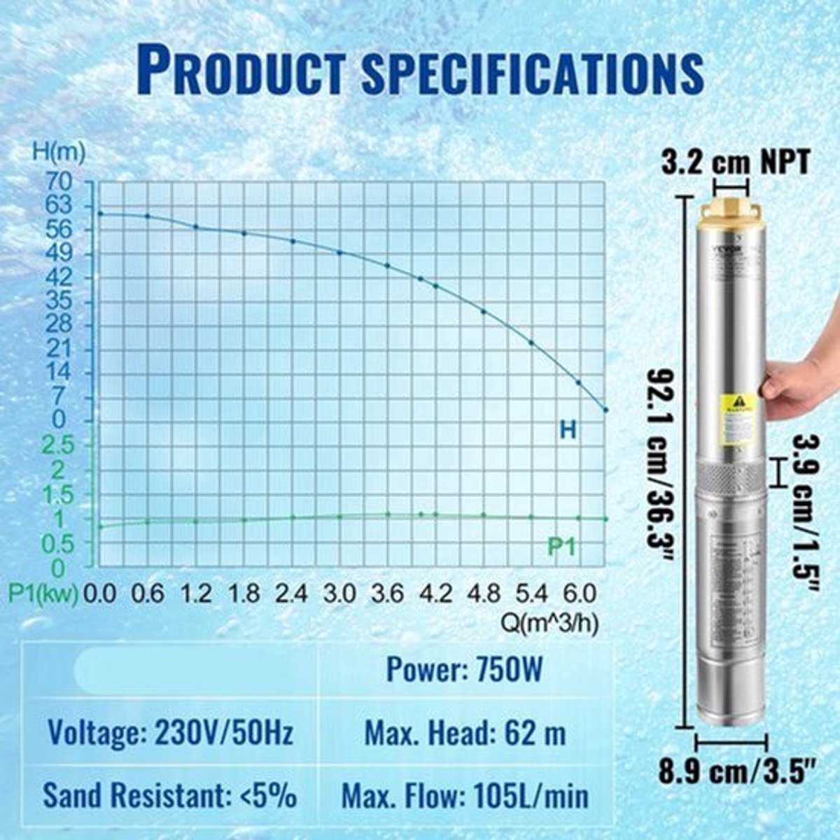 Vevor - Rioolpomp - Dompelpomp - Schoonwaterpomp - Diepe Bron Dompelpomp - Waterpomp - 750W 105L/min - Schakelaar - Roestvrij Staal - Groot debiet - Zilver