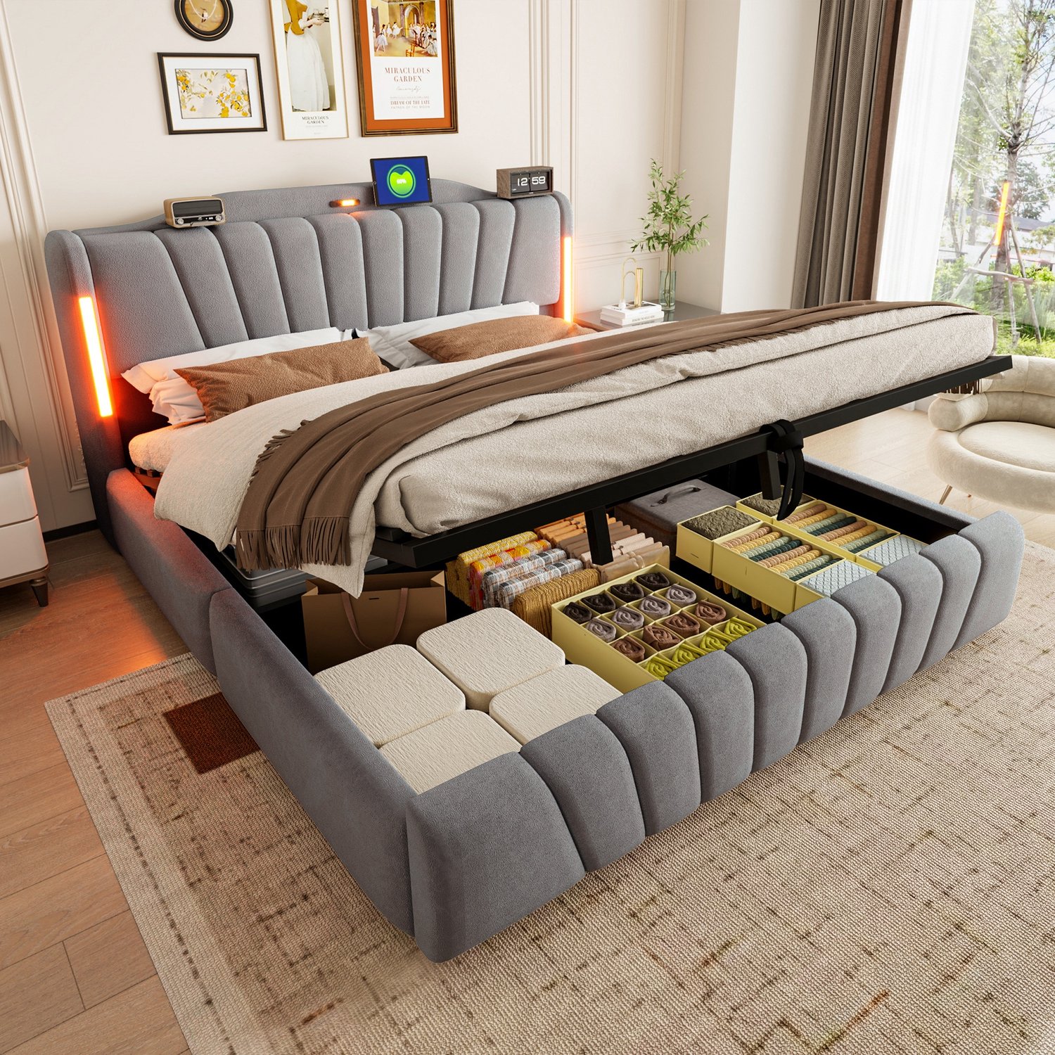 PHOEBE CAT Tweepersoonsbed - 180 x 200 cm - Gestoffeerd hoofdeinde - Opbergruimte - LED-verlichting - Oplaadpunten - Velvet - Grijs
