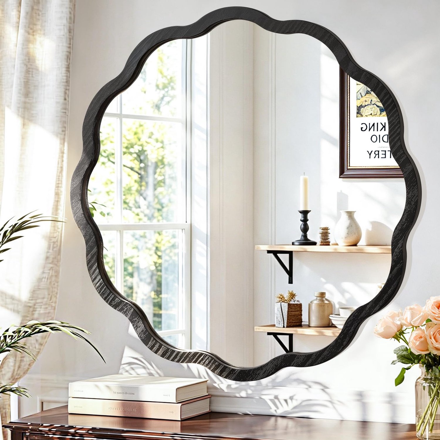 Famanu Ronde wandspiegel met golvend houten lijst in zwart, 30 cm, voor kleine ruimtes zoals hal en slaapkamer, voegt elegantie toe aan je interieur