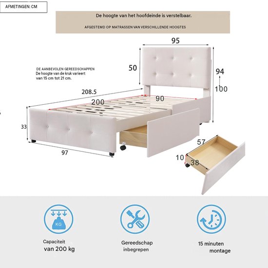 Maatschets van beige bed met lade, 90x200 cm. Verstelbaar hoofdbord, draagkracht 200 kg, montage in 15 minuten.