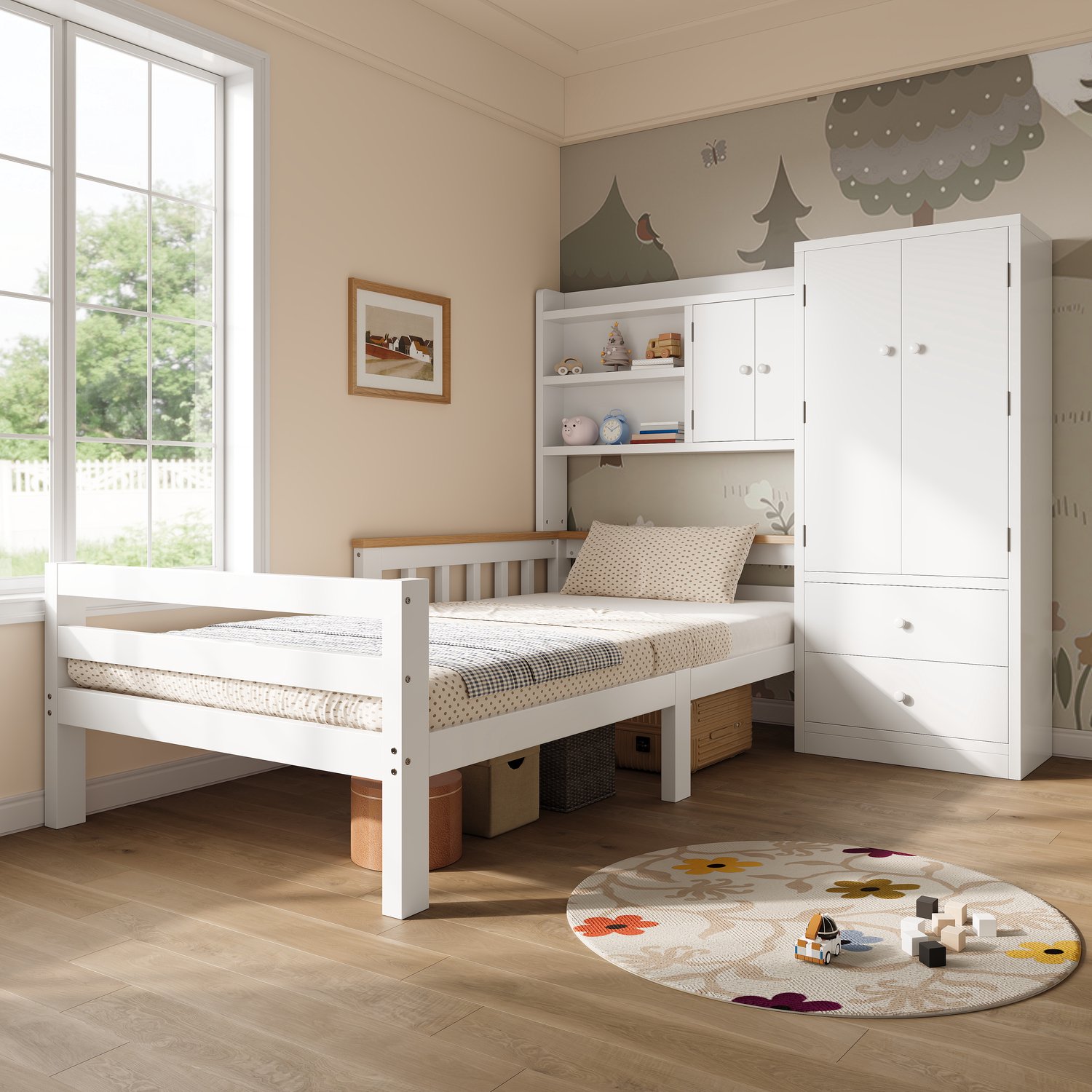 Wishdor Kinderbed 90x200 cm - Met geïntegreerde kledingkast, laden en open vakken - Met uitvalbeveiliging en houten bedlatten - Voor kinderkamer en jeugdkamer - Hout en MDF - Wit