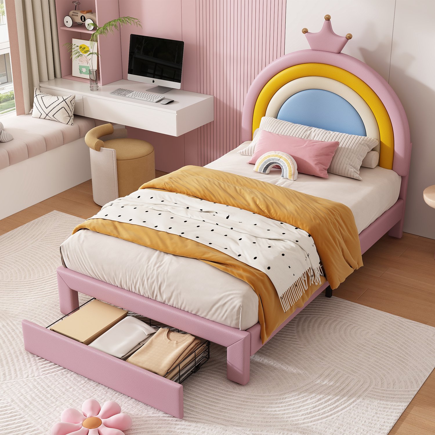 Wishdor Kinderbed 90x200 cm - Regenbooghoofdbord met kroon - Hoofdbord verstelbaar in twee hoogtes - Bedlade aan voeteneind - PU-bekleding - Kinderkamer jeugdkamer - Roze