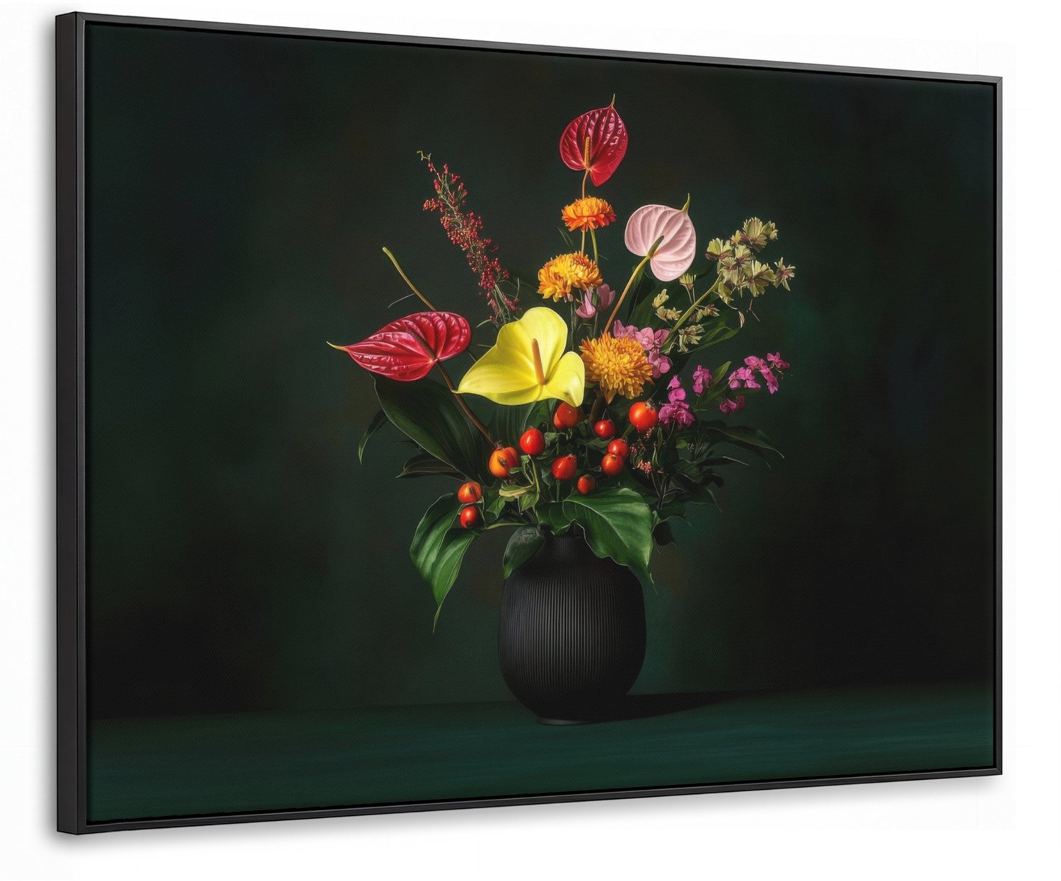 Canvas Schilderij met Baklijst 70x50cm - Bloemen - Vaas - Zwart - Muurdecoratie woonkamer - Slaapkamer decoratie - Kamer accessoires - Schilderijen op canvas met lijst