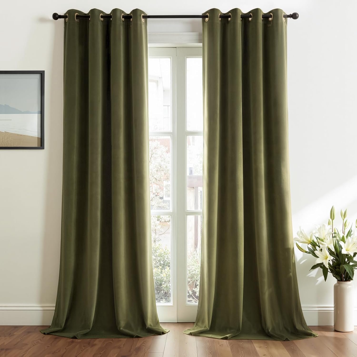 Famanu Olijfgroene fluwelen gordijnen, set van 2 stuks, 140 x 225 cm, perfect voor het toevoegen van luxe uitstraling aan elke ruimte, ideaal voor woonkamers en slaapkamers met een gezellige ambiance