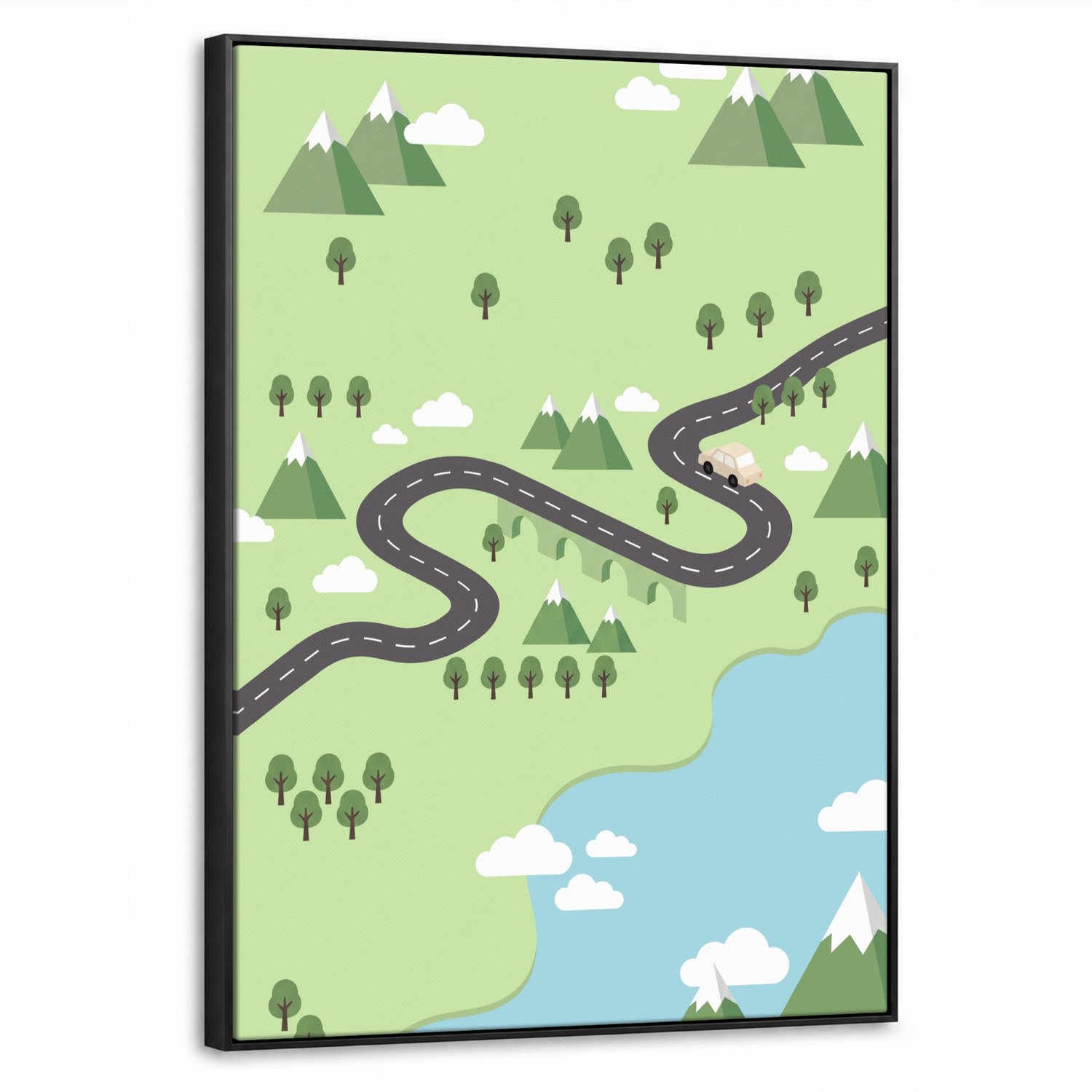Canvas Schilderij met Baklijst 50x70cm - Auto - Bergweg - Natuur - Illustratie - Muurdecoratie woonkamer - Slaapkamer decoratie - Kamer accessoires - Schilderijen op canvas met lijst