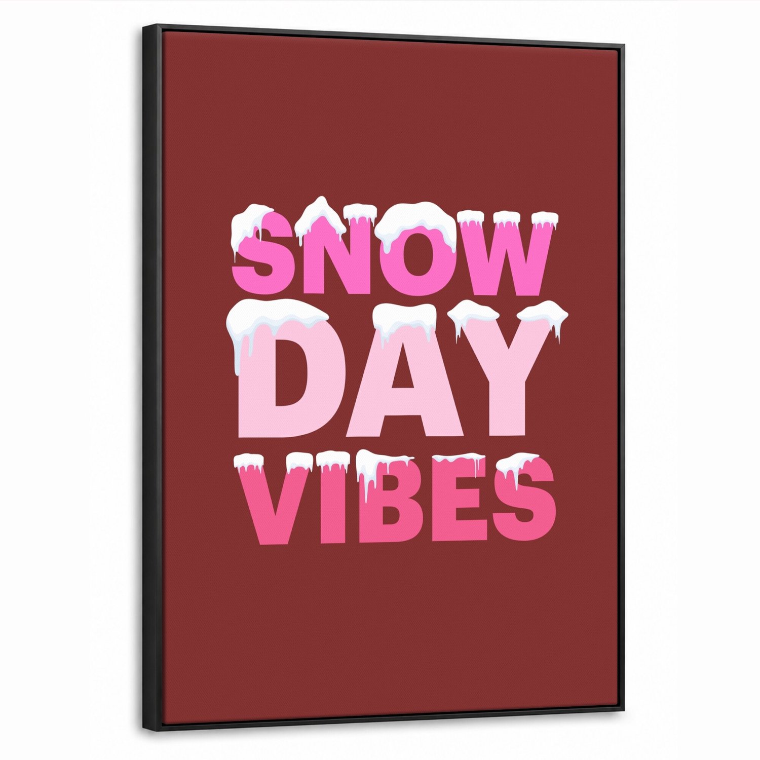 Canvas Schilderij met Baklijst 70x100cm - Kerst - Tekst - Sneeuw - Rood - Roze - Muurdecoratie woonkamer - Slaapkamer decoratie - Kamer accessoires - Schilderijen op canvas met lijst