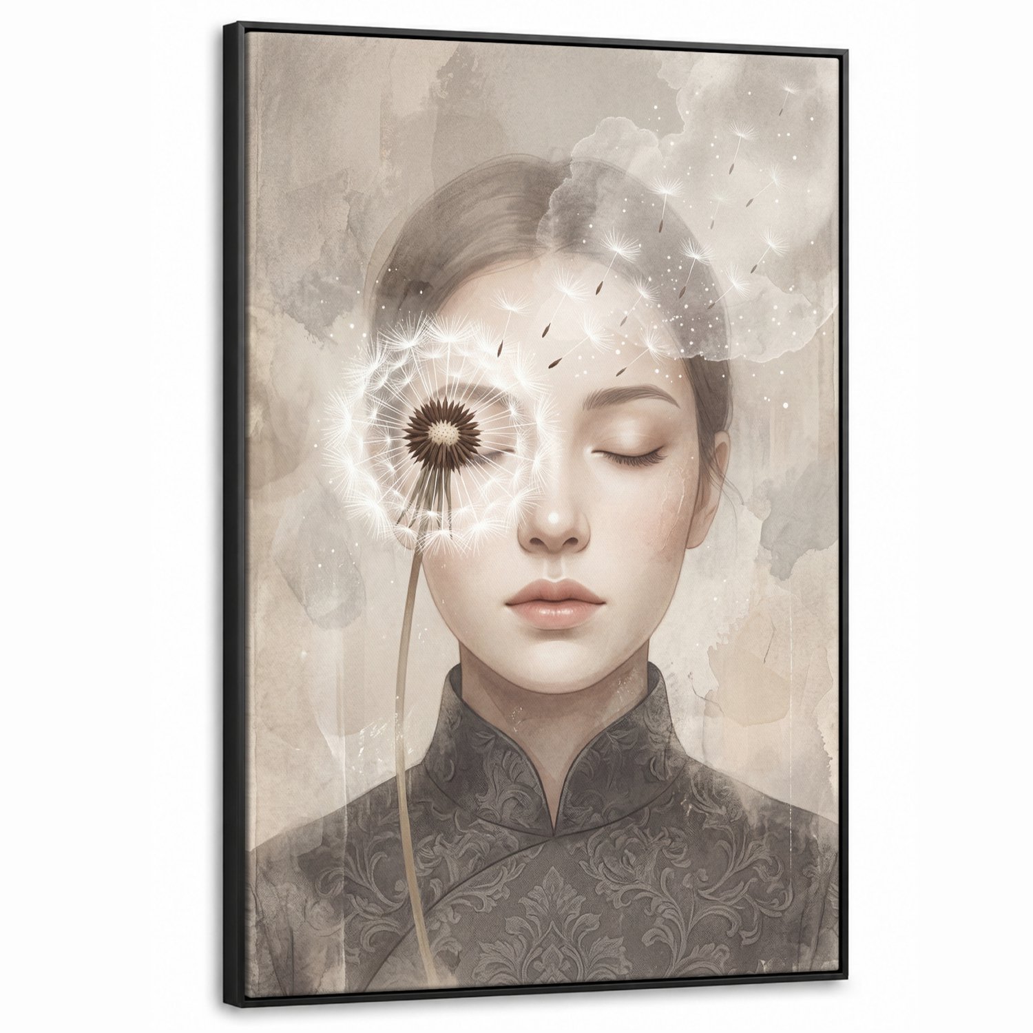 Canvas Schilderij met Baklijst XXL Canvas Schilderij met Baklijst 80x120cm - Vrouw - Sereen - Grijs - Muurdecoratie woonkamer - Slaapkamer decoratie - Kamer accessoires - Schilderijen op canvas met lijst groot