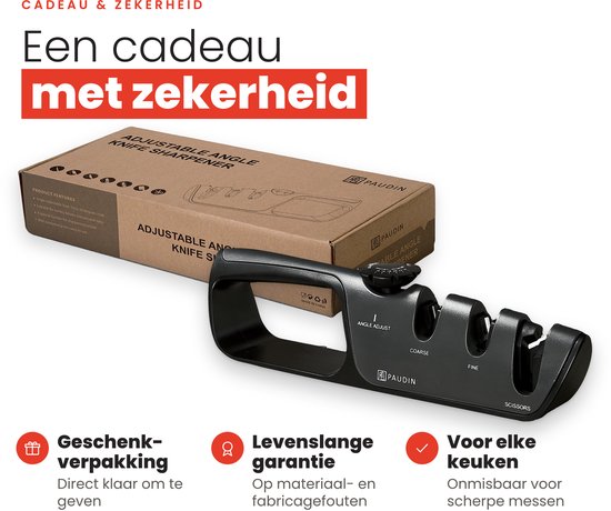 PAUDIN messenslijper met bijbehorende geschenkverpakking, levenslange garantie en gebruiksaanwijzing.