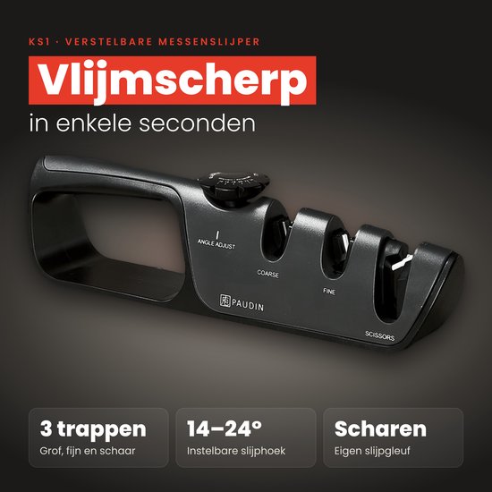 Zwarte messenslijper met 3 standen, verstelbare hoek en ergonomische handgreep voor messen en scharen.