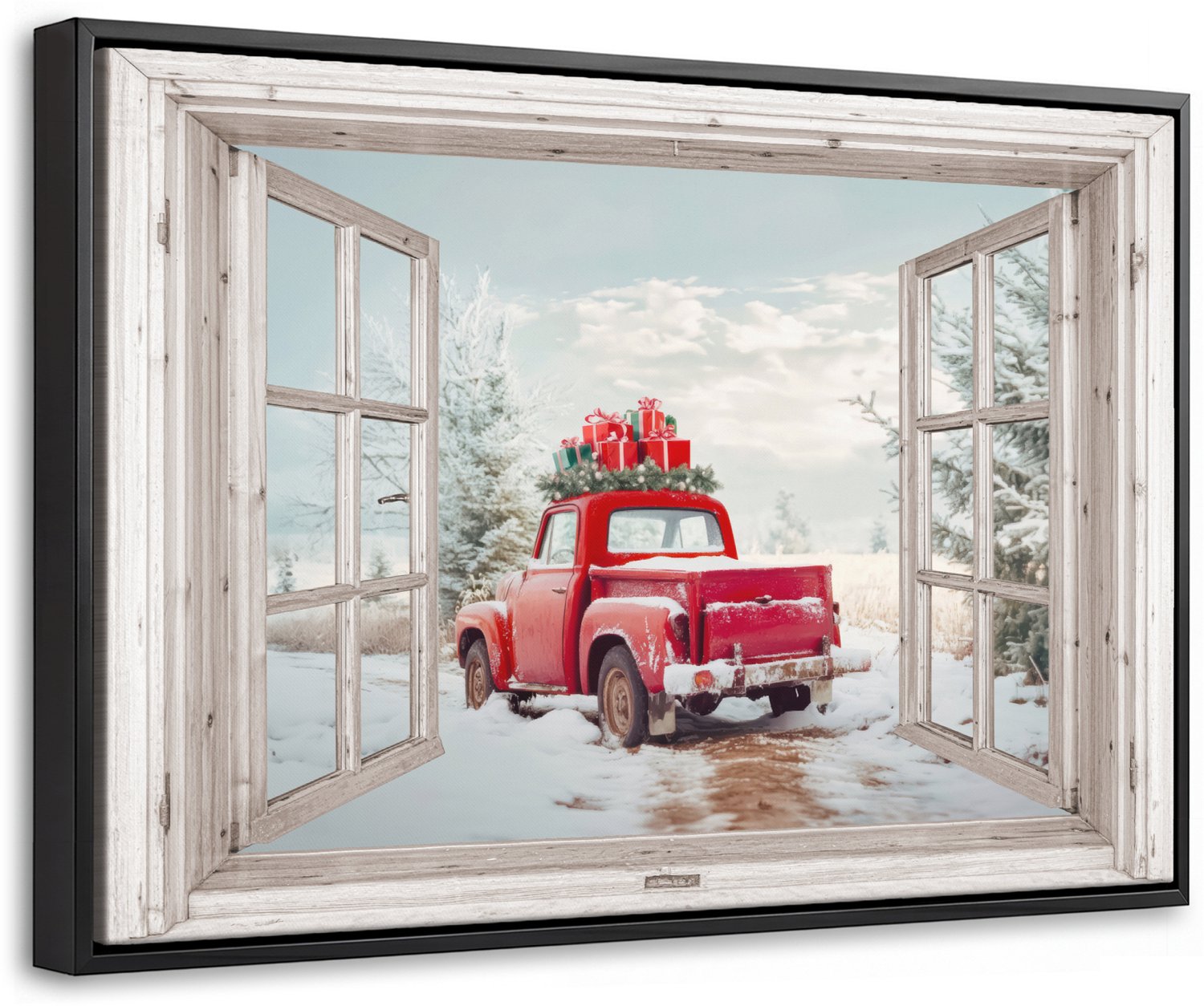 Canvas Schilderij met Baklijst 30x20cm - Auto - Rood - Cadeaus - Winter - Kerst - Doorkijk - Wit - Muurdecoratie woonkamer - Slaapkamer decoratie - Kamer accessoires - Schilderijen op canvas met lijst