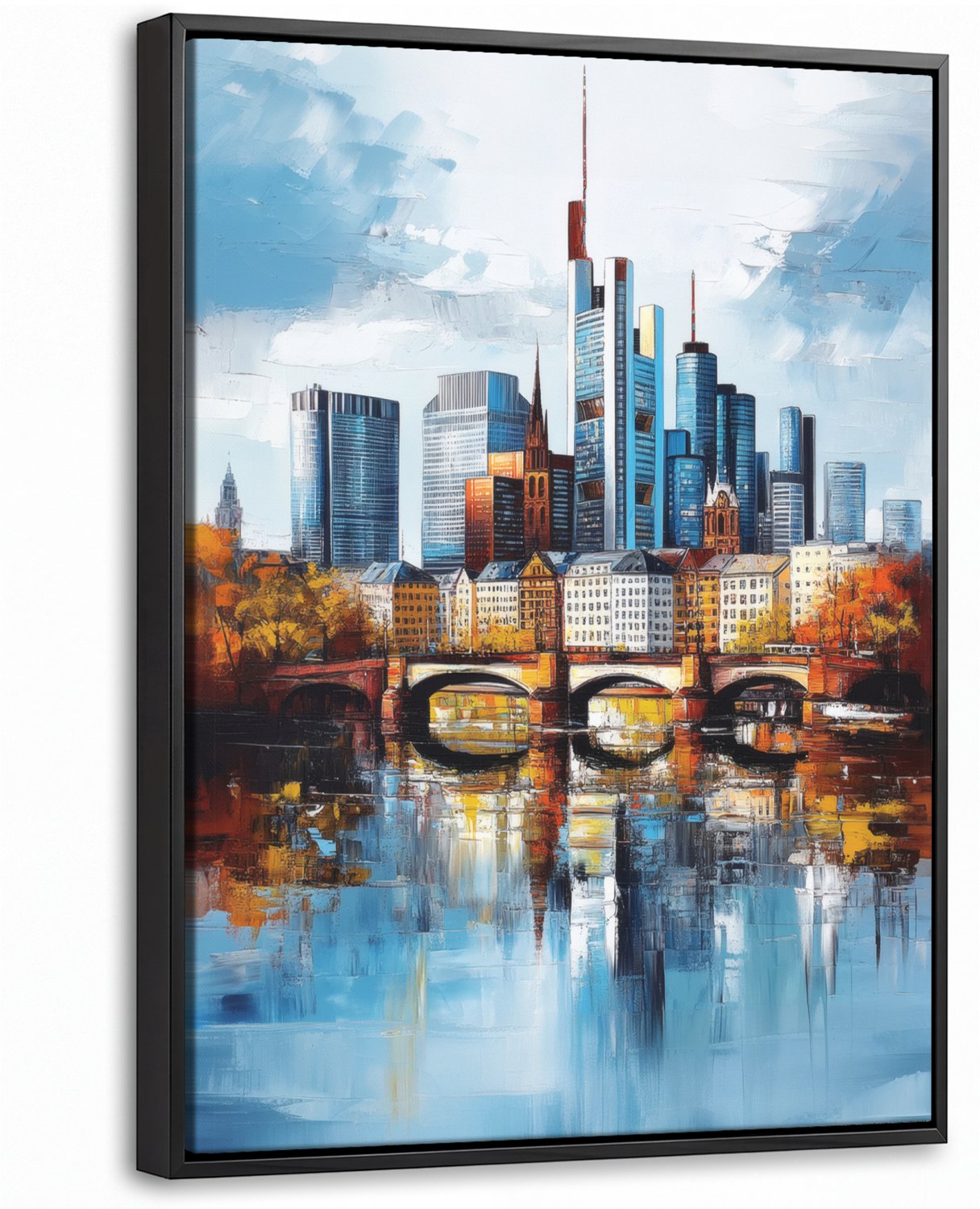 Canvas Schilderij met Baklijst 30x40cm - Bomen Frankfurt- Stad - Skyline - Brug - Muurdecoratie woonkamer - Slaapkamer decoratie - Kamer accessoires - Schilderijen op canvas met lijst
