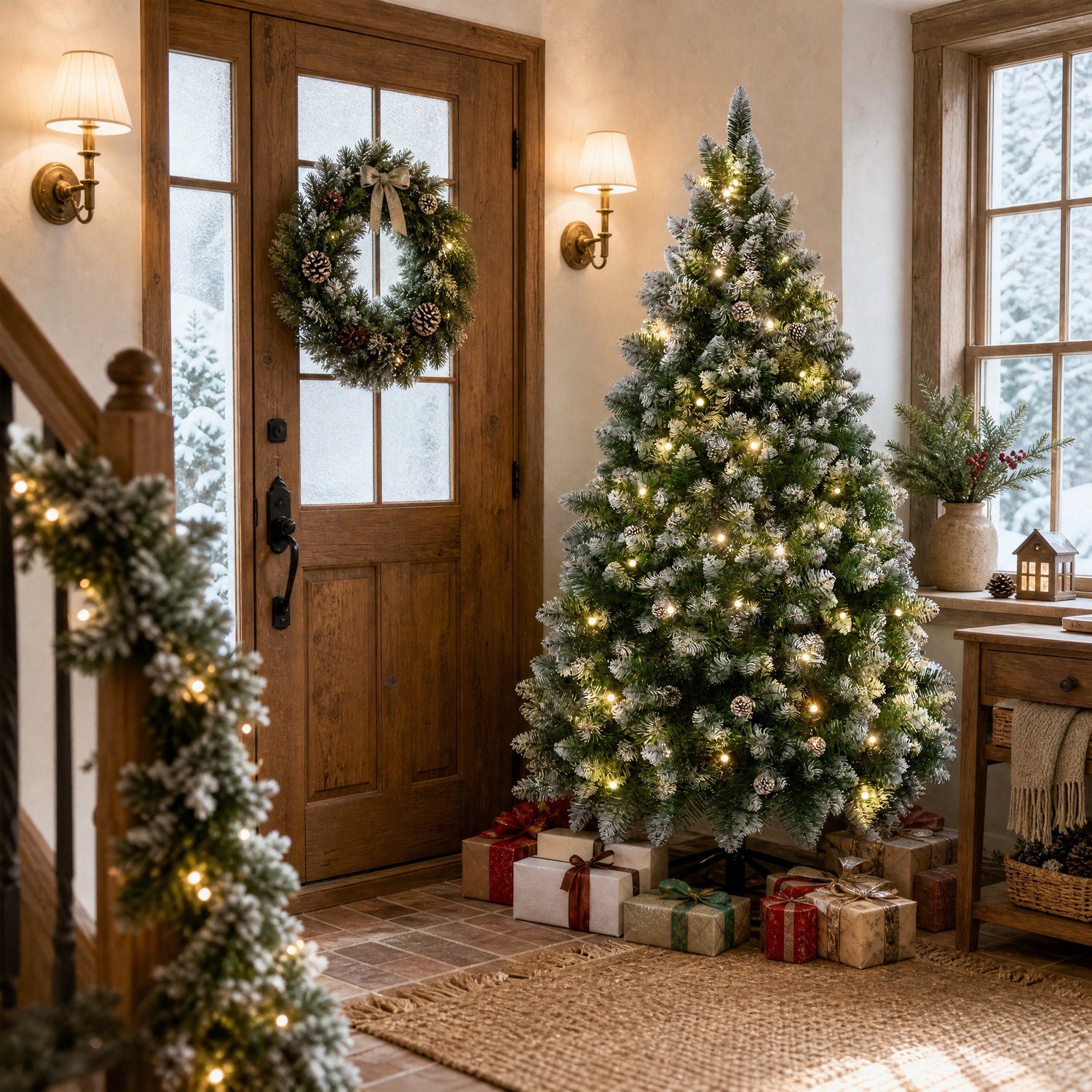 210cm Kunstkerstboom met lichtgevende groene PVC met sneeuweffect & dennenappels LED PVC kerstboom dennenboom decoratieve boom met standaard Kerstversiering voor kerstversiering