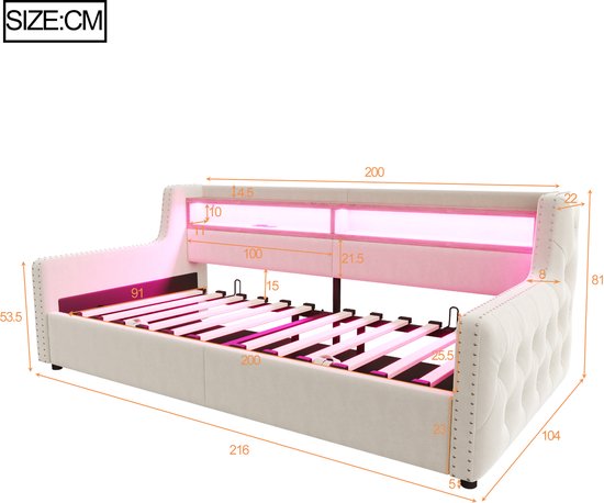 Afmetingen van een crème slaapbank met lattenbodem, hoofdsteun met geïntegreerde planken en LED-verlichting.
