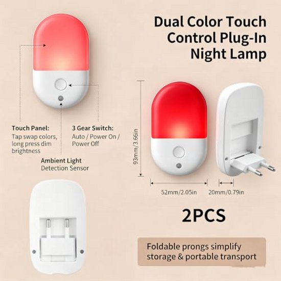 Ryoudavell - Nachtlampje Stopcontact Set van 2, Dimbaar Rood en Warm Amber LED Nachtlicht met Lichtsensor, Auto Aan/Uit, 0.5W, Inklapbare EU-stekker - voor Slaapkamer, Babykamer, Gang, Overloop, Badkamer — afbeelding 3