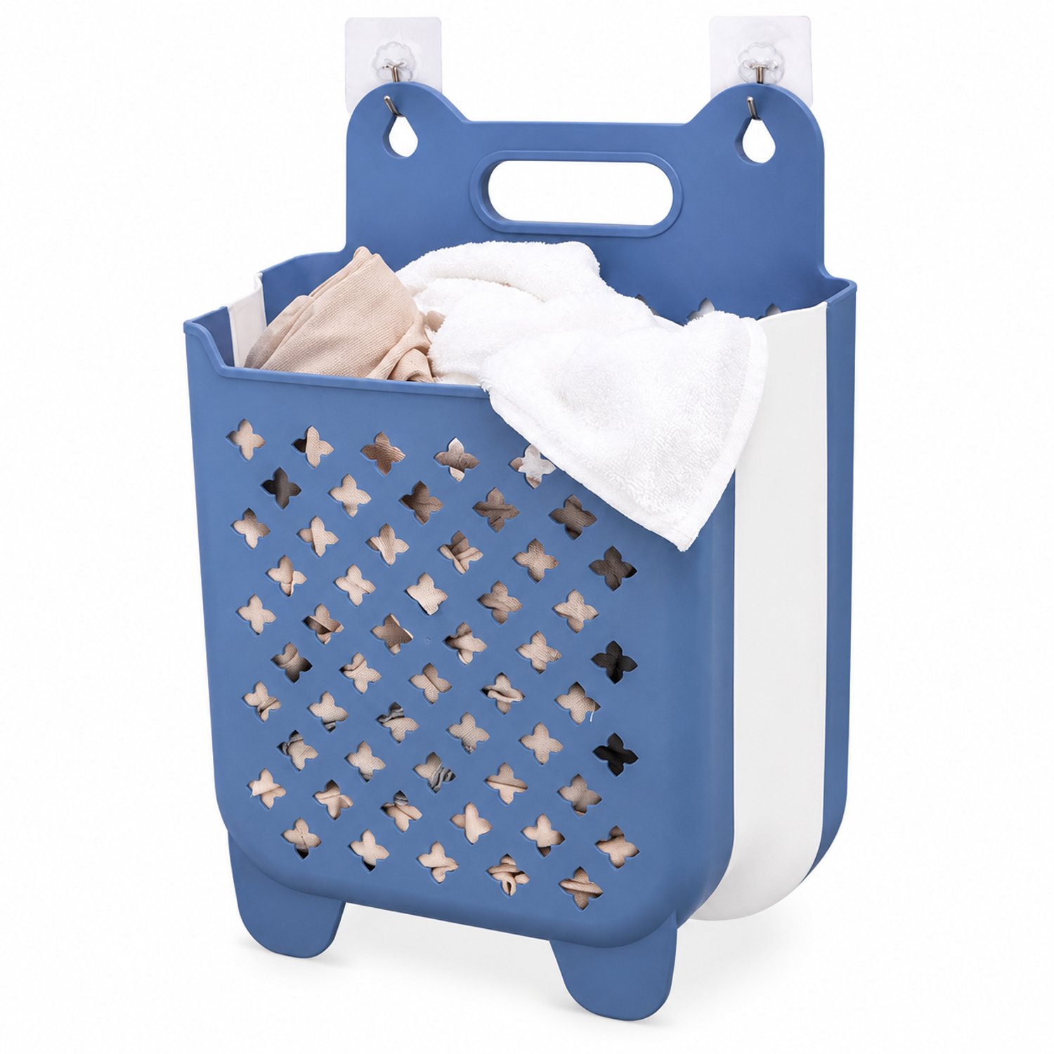 Opvouwbare wasmand voor wandmontage - Groot, blauw - Opengewerkte voorkant en geïntegreerde handgreep