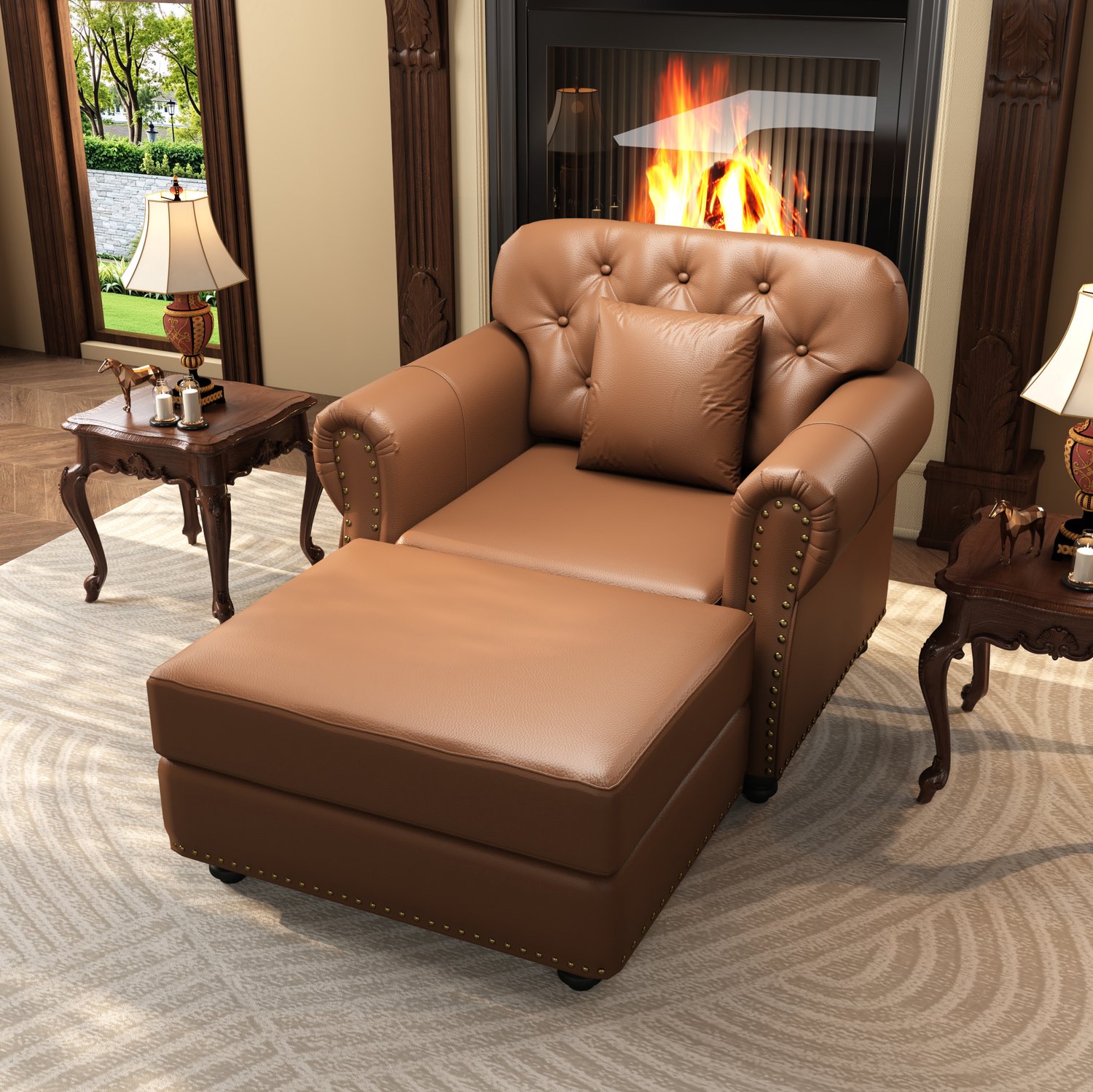 DESMIU Chesterfield Fauteuil 105 x 76 x 86 cm - Met Hocker en Kussen - Gecapitonneerde Rugleuning - Voor Woonkamer - Kunstleer - Bruin