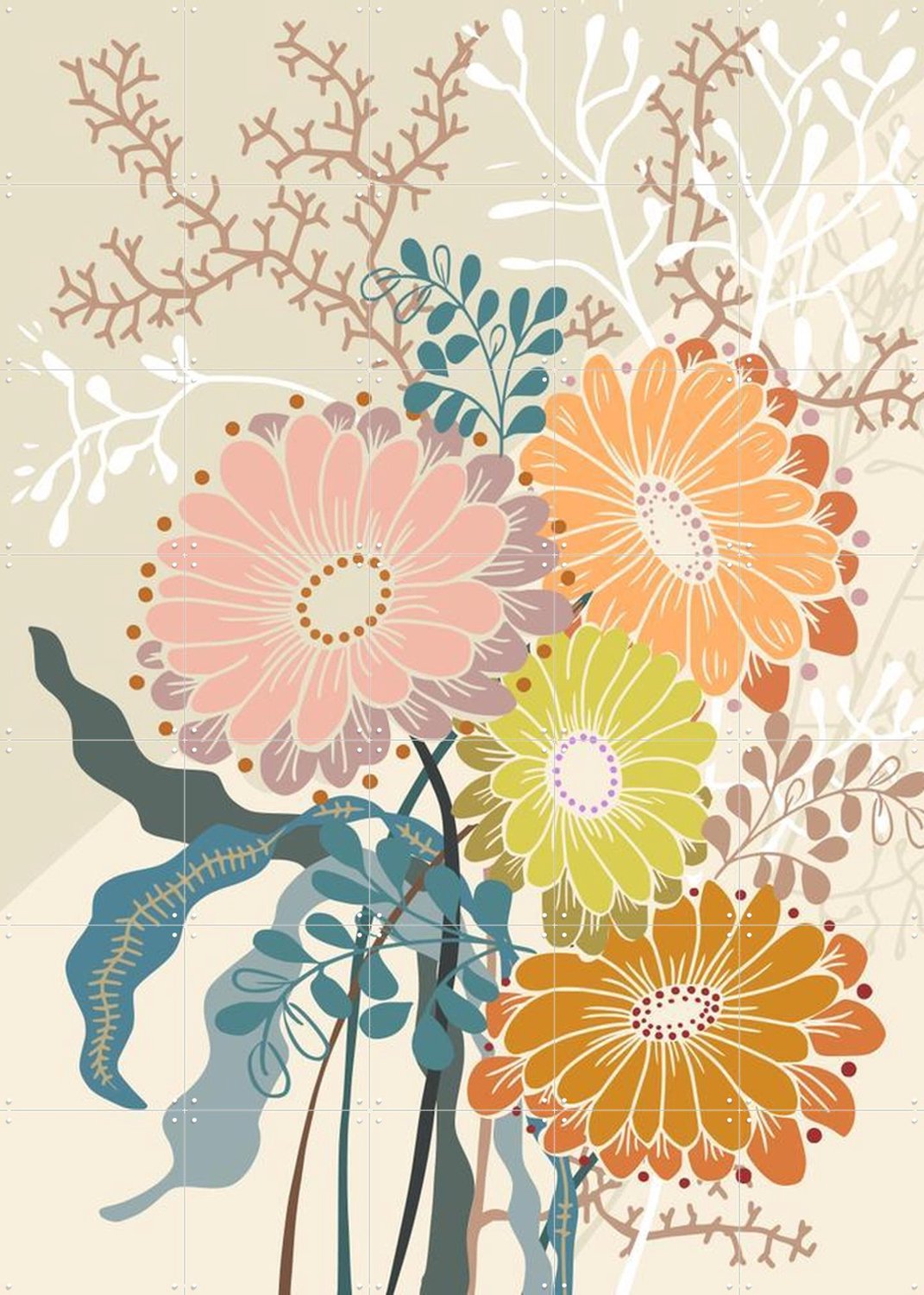 IXXI Springtime Daisies Earthy Tones, Annick & Various - 100 x 140 cm - Grote wanddecoratie en posters - Illustraties, Slaapkamer, Woonkamer Oranje