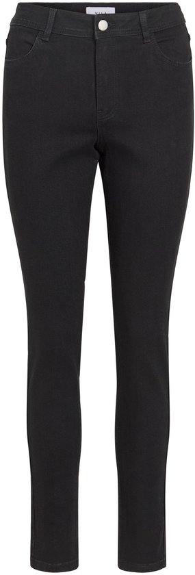 Vooraanzicht van zwarte skinny jeans met middelhoge taille, knoopsluiting en riemlussen.