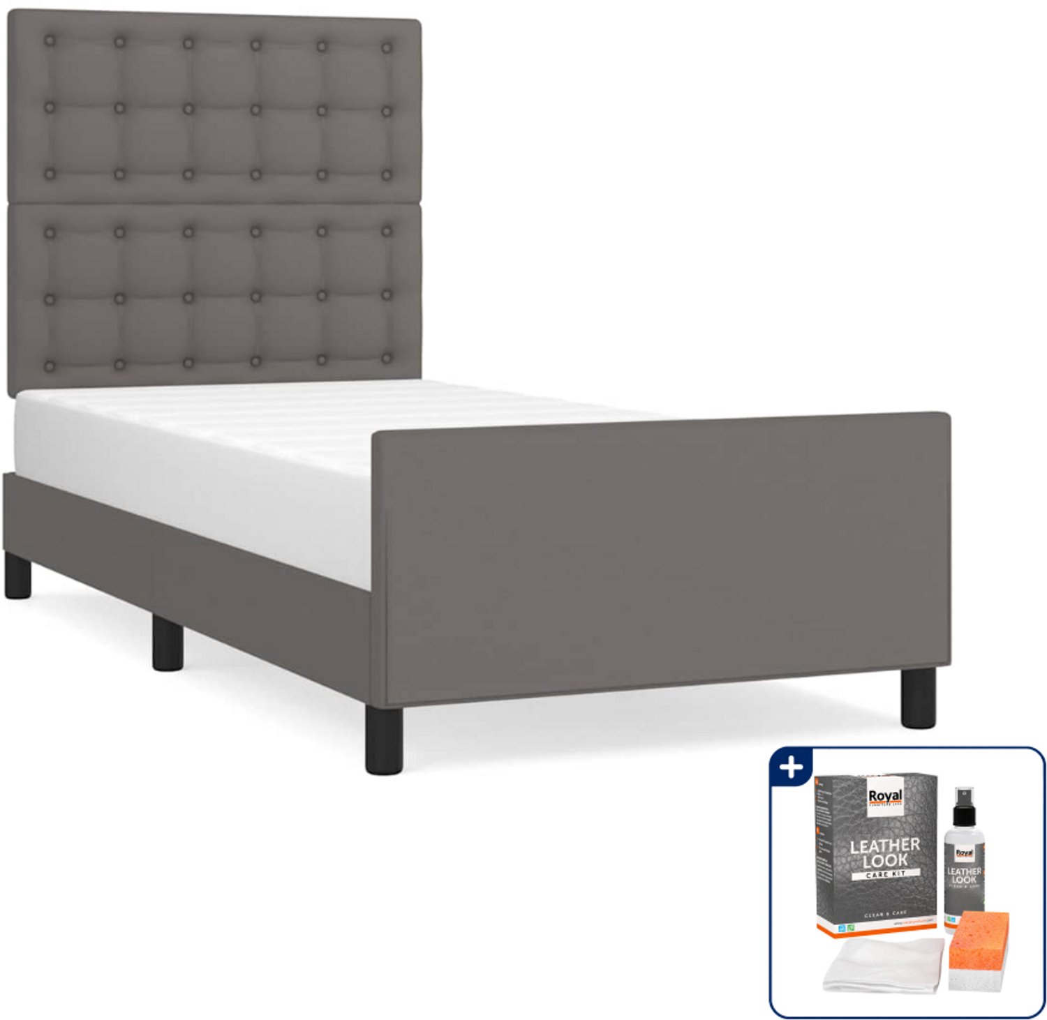 vidaXL bedframe - 90 x 190 cm - kunstleer - grijs - Inclusief onderhoudsset voor kunstleer 150 ml