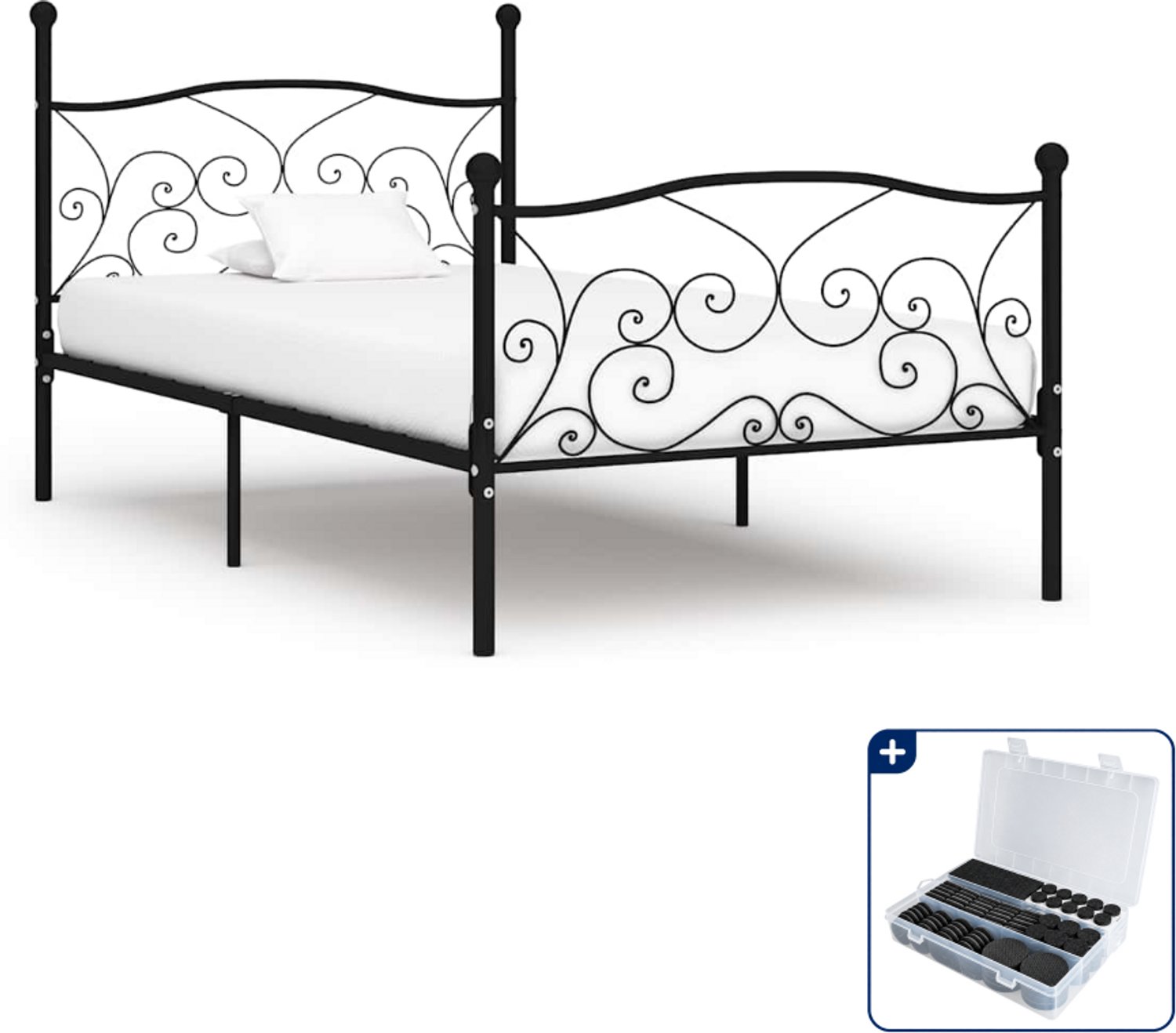 vidaXL bedframe - 90 x 200 cm - metaal - zwart - Inclusief antikrasvilt 177-delig