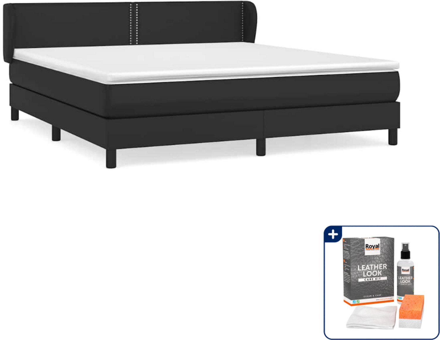 vidaXL boxspring met matras Kingsize - 180 x 200 cm - zwart - Inclusief onderhoudsset voor kunstleer 150 ml