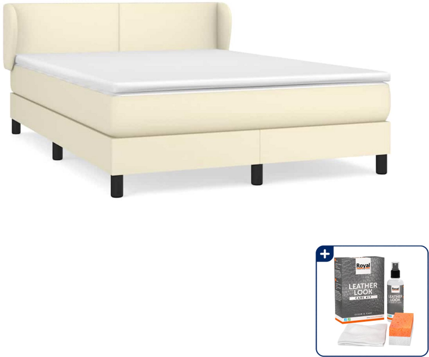 vidaXL boxspring met matras - 140 x 190 cm - kunstleer - crème - Inclusief onderhoudsset voor kunstleer 150 ml