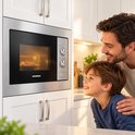 Vader en zoon kijken enthousiast naar de in werking zijnde zilverkleurige Heinner inbouwmagnetron.