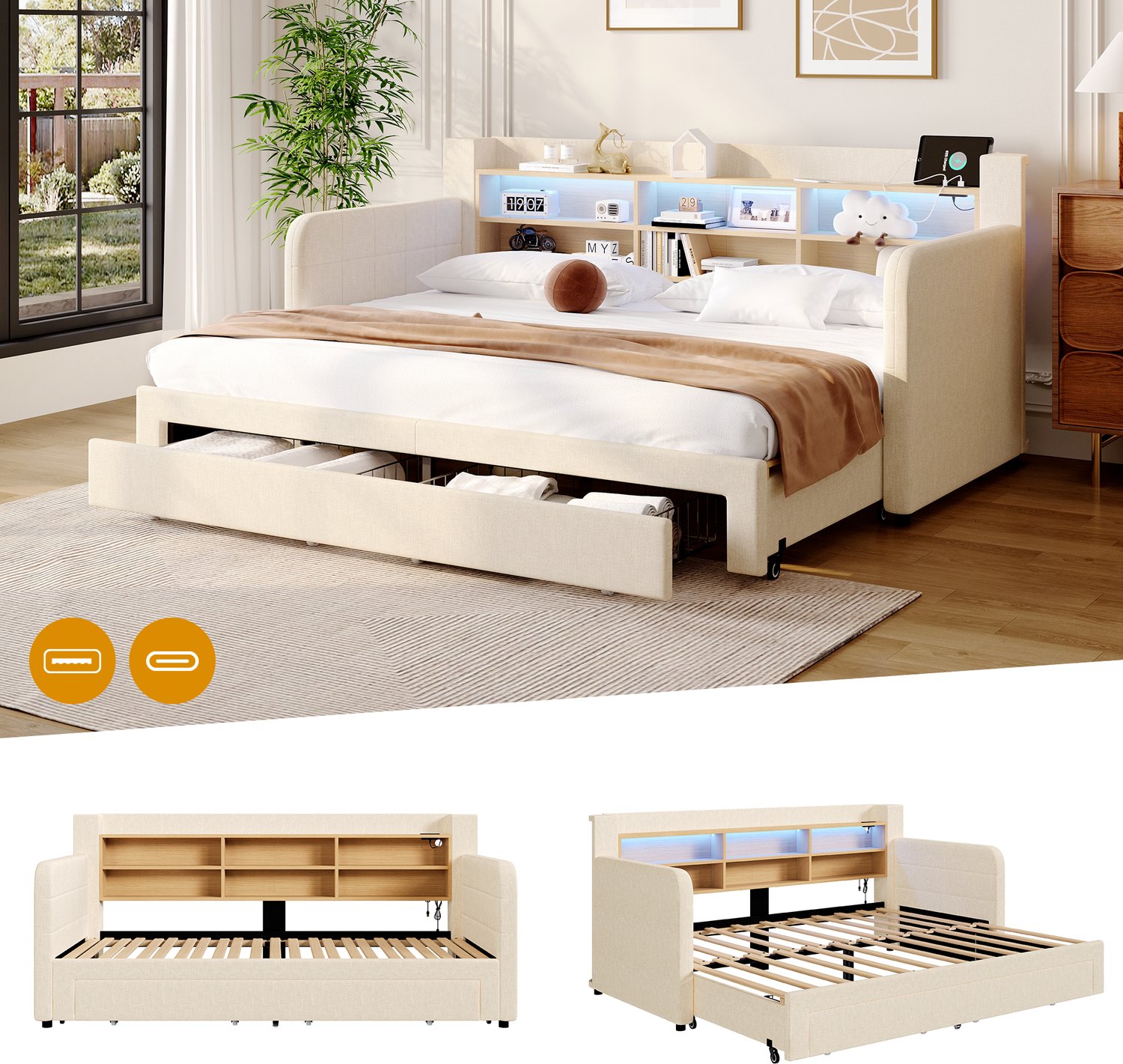 Zubaliya Dagbed - 90 x 200 cm - Gebroken wit - linnen, MDF - LED-verlichting - Lades - Uitschuifbaar