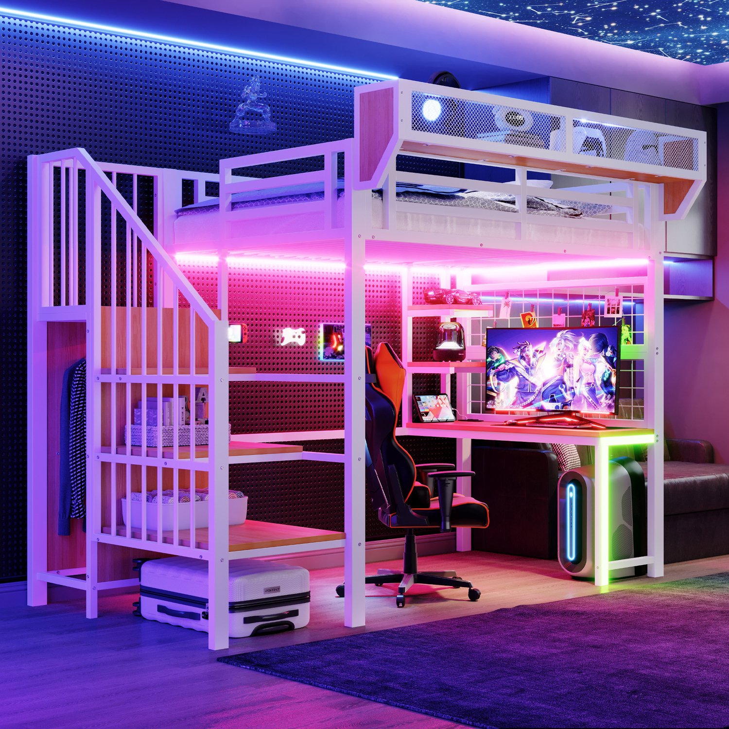Zubaliya Hoogslaper - 90 x 200 cm - Wit - metaal - LED-verlichting - Bureau - Stopcontact