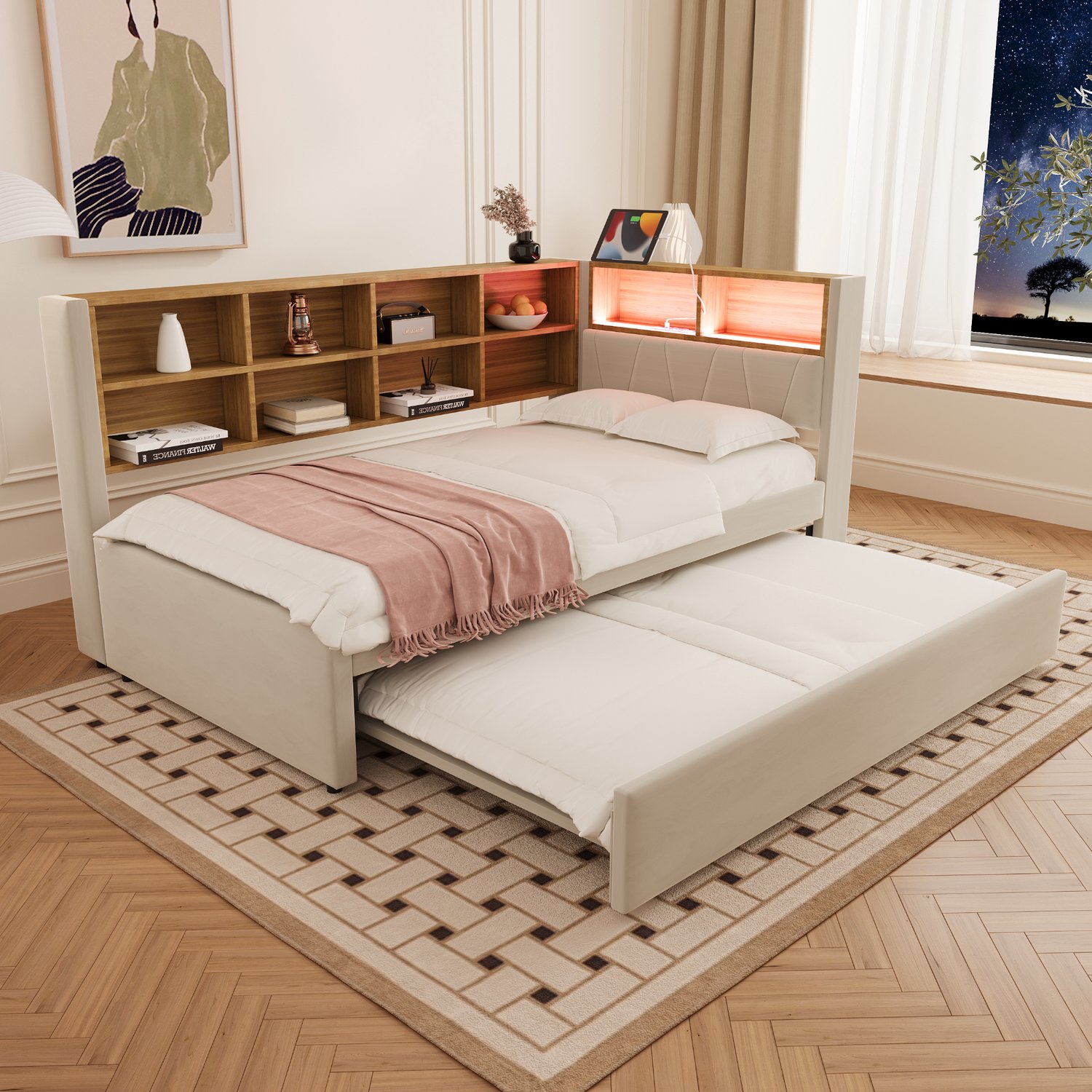 Zubaliya Dagbed - 90 x 200 / 90 x 190 cm - Beige - flanel - LED-verlichting - Uitschuifbaar - Stopcontact