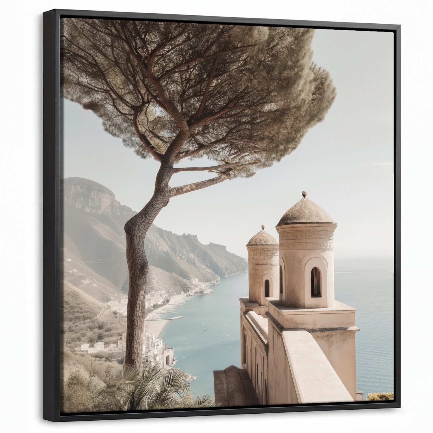 Canvas Schilderij met Baklijst 50x50cm - Kust - Klif - Boom - Gebouw - Muurdecoratie woonkamer - Slaapkamer decoratie - Kamer accessoires - Schilderijen op canvas met lijst