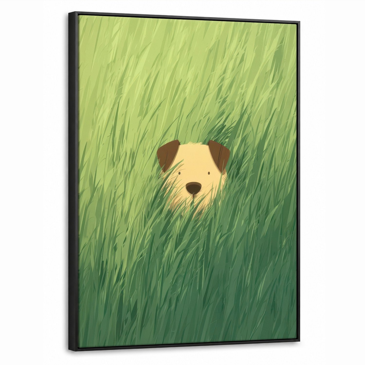 Canvas Schilderij met Baklijst 60x80cm - Hondje - Gras - Oren - Bruin - Muurdecoratie woonkamer - Slaapkamer decoratie - Kamer accessoires - Schilderijen op canvas met lijst