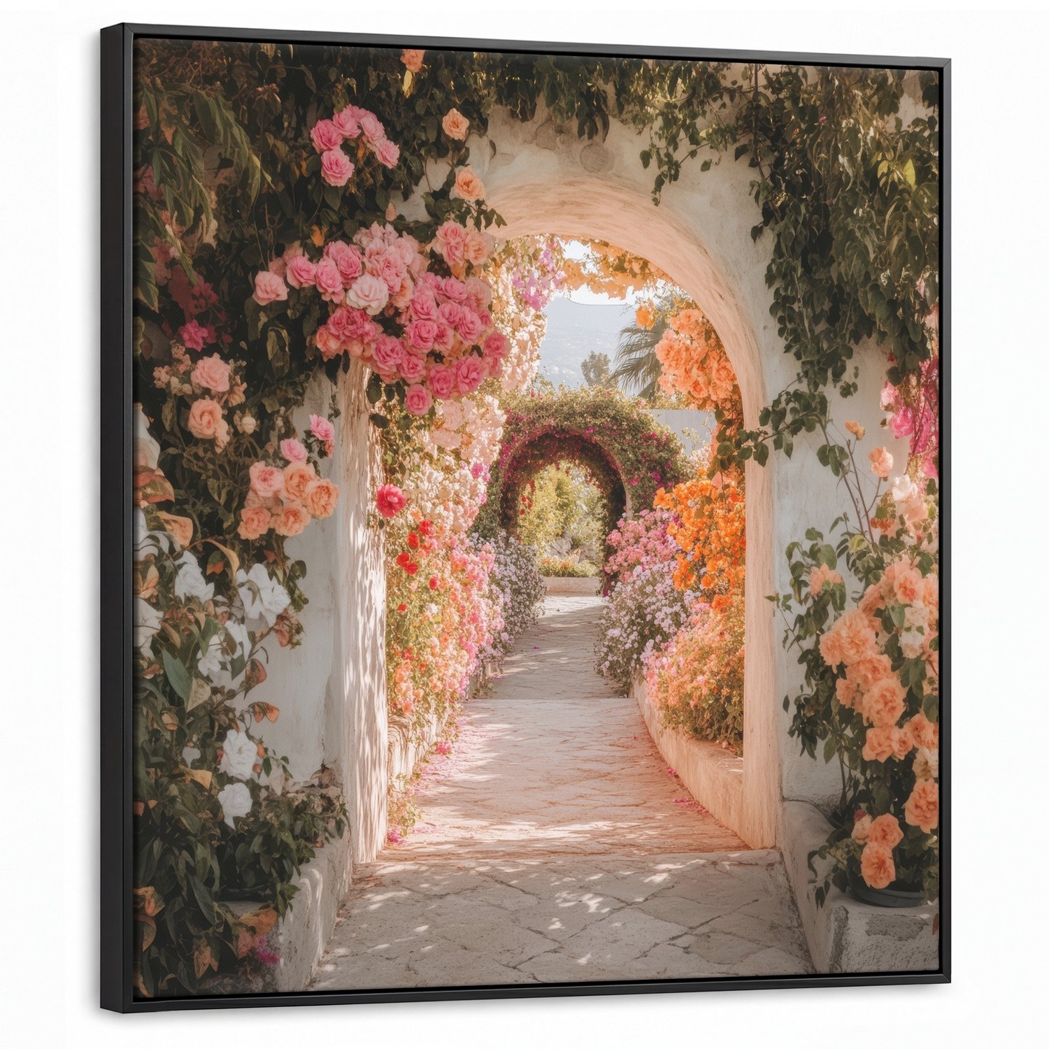 Canvas Schilderij met Baklijst 90x90cm - Doorkijk - Boog - Bloemen - Pastel - Muurdecoratie woonkamer - Slaapkamer decoratie - Kamer accessoires - Schilderijen op canvas met lijst