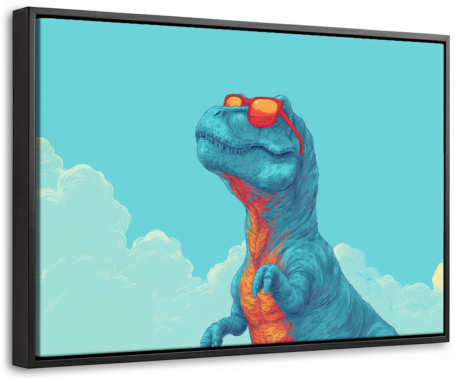 Canvas Schilderij met Baklijst 30x20cm - T-Rex - Blauw - Wolken - Zonnebril - Muurdecoratie woonkamer - Slaapkamer decoratie - Kamer accessoires - Schilderijen op canvas met lijst