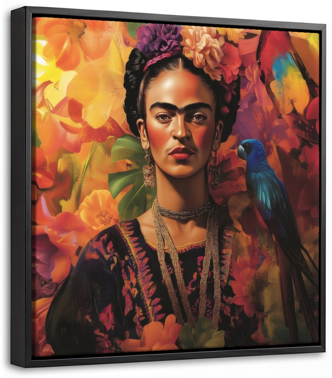 Canvas Schilderij met Baklijst 20x20cm - Vrouw - Bloemen - Papegaai - Schilderachtig - Muurdecoratie woonkamer - Slaapkamer decoratie - Kamer accessoires - Schilderijen op canvas met lijst