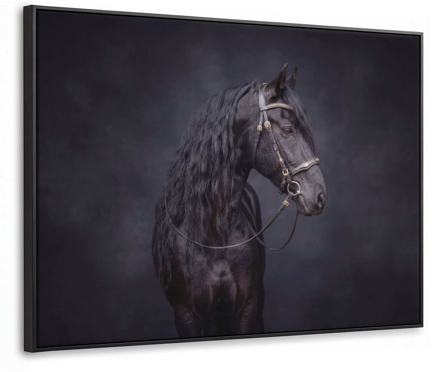 Canvas Schilderij met Baklijst 100x70cm - Portret - Paard - Donker - Muurdecoratie woonkamer - Slaapkamer decoratie - Kamer accessoires - Schilderijen op canvas met lijst