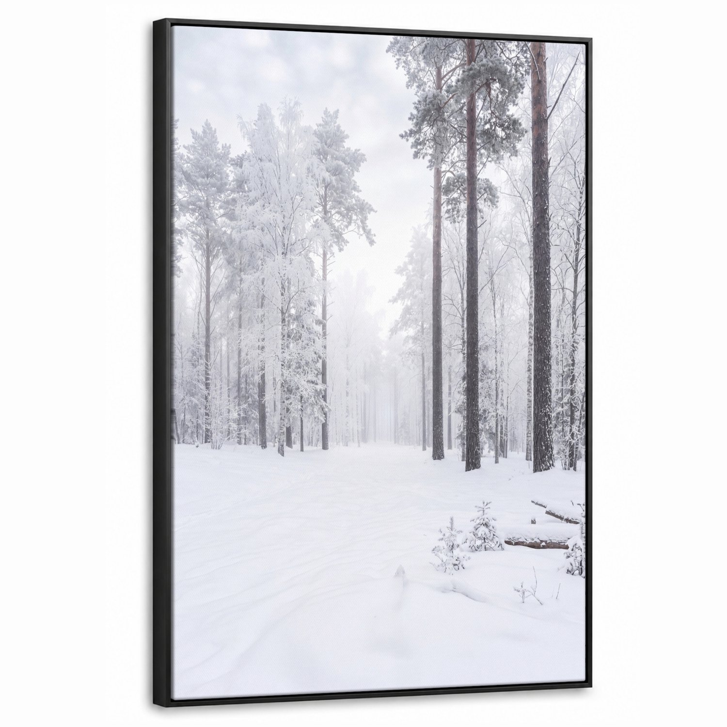Canvas Schilderij met Baklijst 60x90cm - Bos - Sneeuw - Pad - Winter - Stilte - Muurdecoratie woonkamer - Slaapkamer decoratie - Kamer accessoires - Schilderijen op canvas met lijst